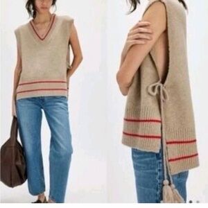Free People Beige V-Neck Sleeveless Knit Vest with Red Trim